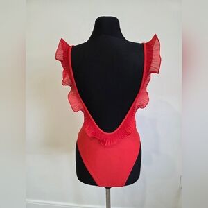 NWT Forever 21 red Onepiece Swimsuit Open Back Ruffles S